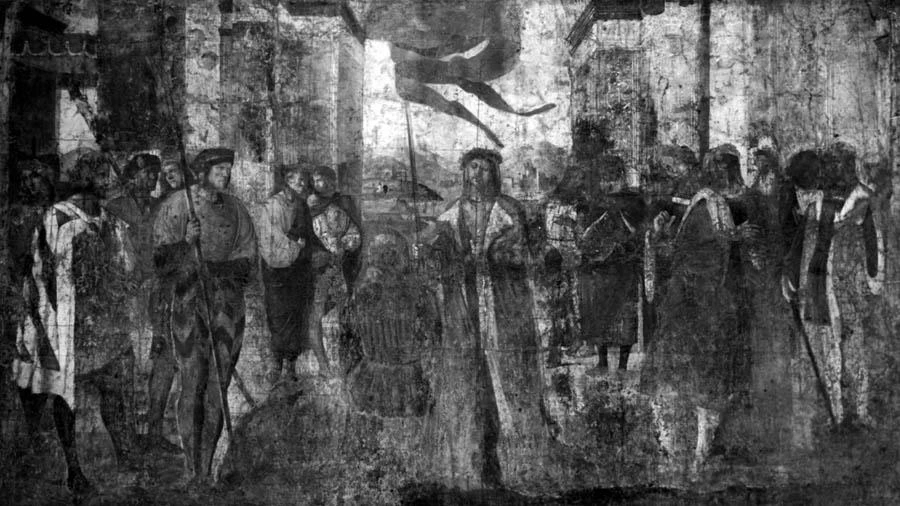 Il Romanino-267-Alfonso II re di Napoli consegna un vessillo a Niccolò Orsini - Budapest, Szépművészeti Múzeum